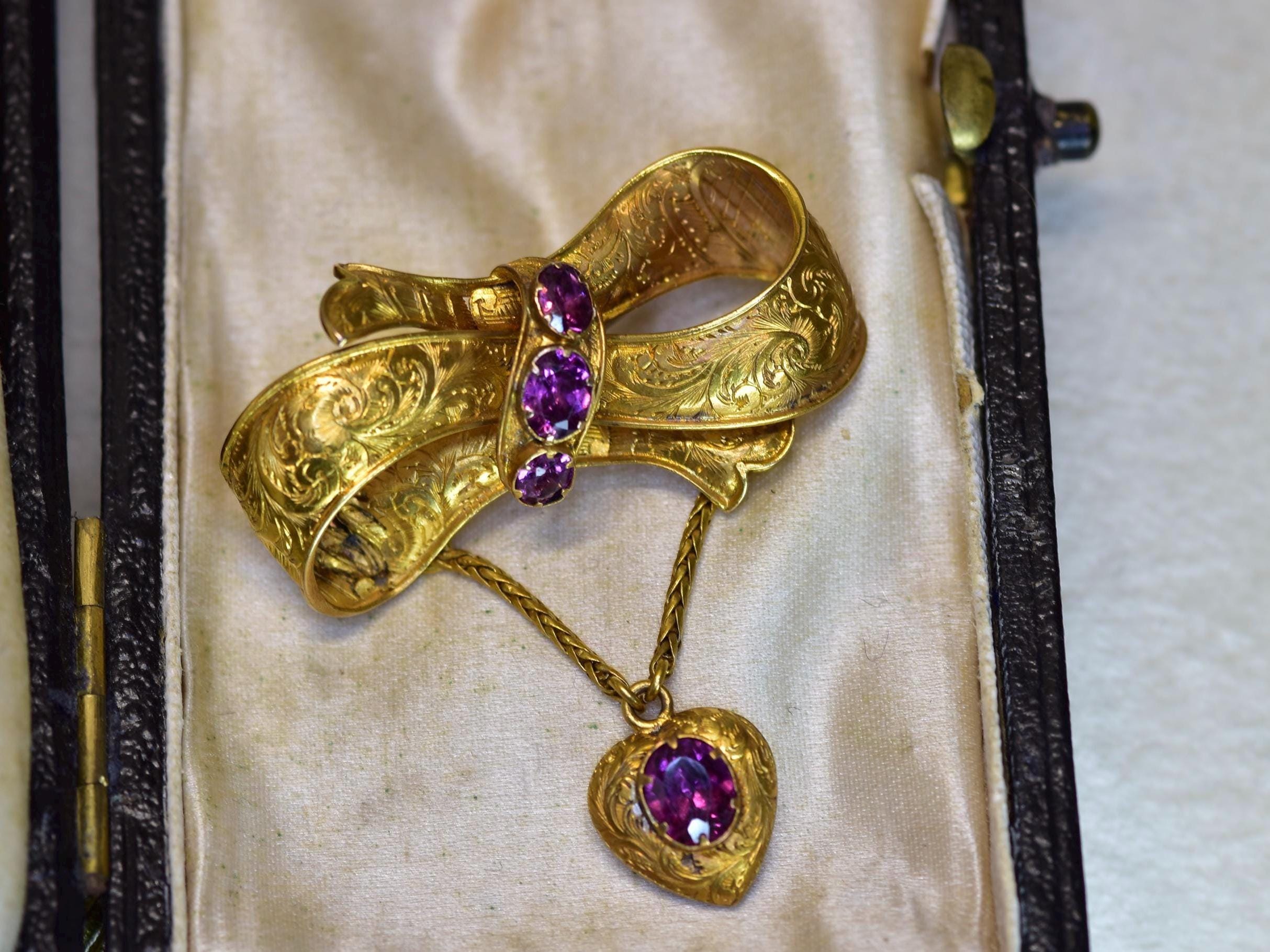 Antique 18k Garnet Bow and Heart Locket Brooch