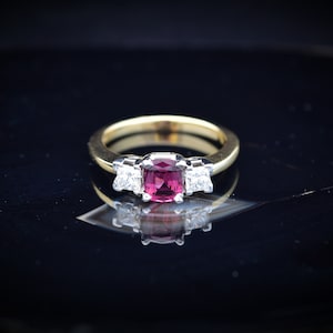 14 Karat Solid Gold Diamond and Pink Blush Mauve Rhodolite gemstone Engagement ring.