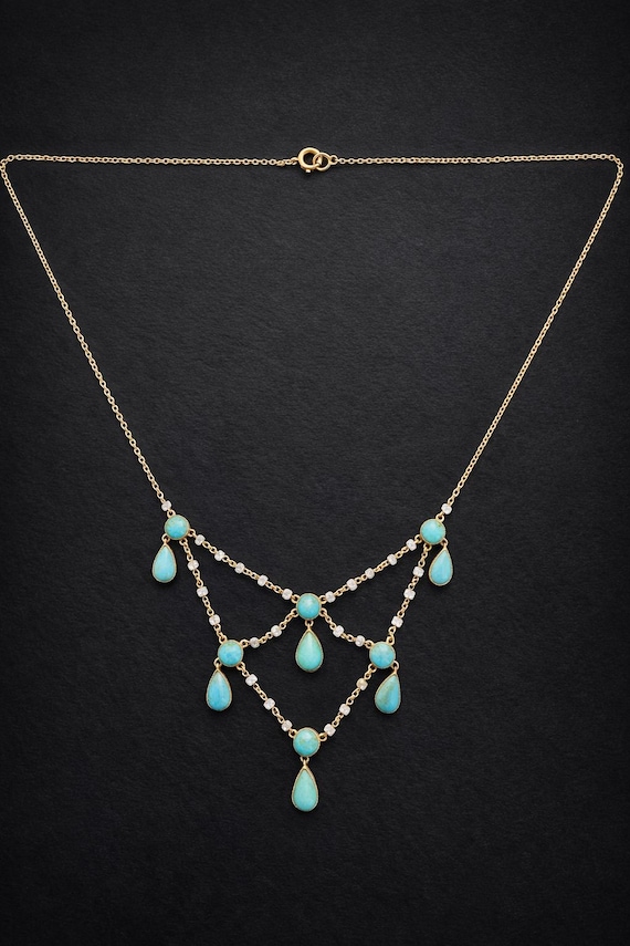 Antique Festoon Fine Turquoise Seed Pearl 9k Gold Necklace