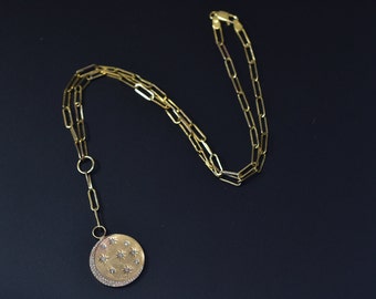 Estate 14 Karat Crescent Moon Starry Stars Diamond Lariat Medallion Necklace