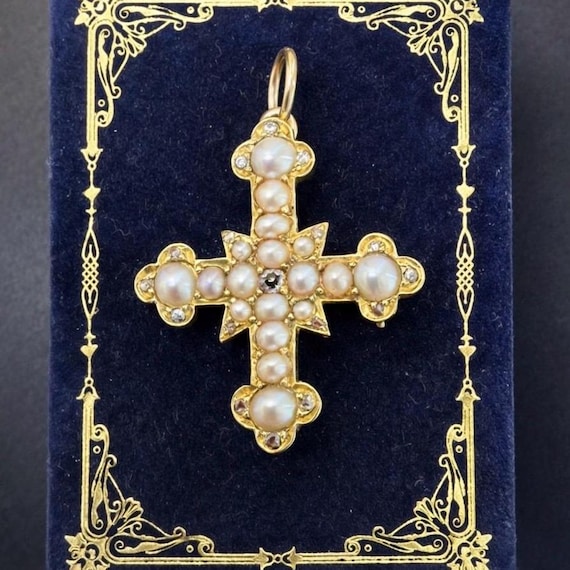 Antique 15k Fine Baroque Pearl Rose Cut Diamond Pendant Brooch