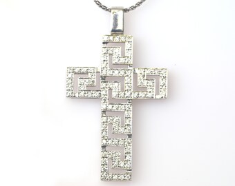 14 Karat White Gold Greek Diamond Cross 