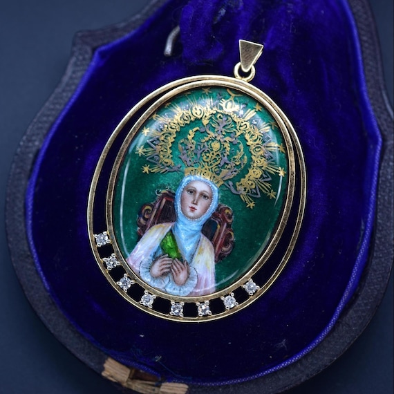 Art Nouveau Important Madonna Enamel Diamond Pendant