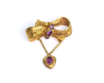 Antique 18k Garnet Bow and Heart Locket Brooch