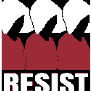 May include: A black and white graphic with three red, white, and black teeth with the word "RESIST" in white letters on a black background.