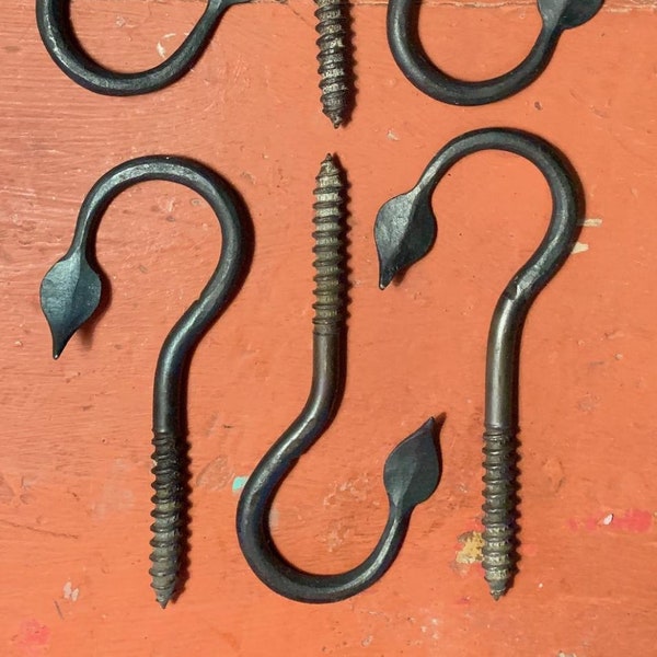 Set of 3 Hand Forged Leaf End Ceiling Hooks, Hand Forged Leaf End Beam Hook, Screw in Leaf End Hook, Threaded Leaf End Hook