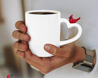 CARING CARDINALS Memorial Mug, Red Cardinal on Heart Handle, Sympathy Gift