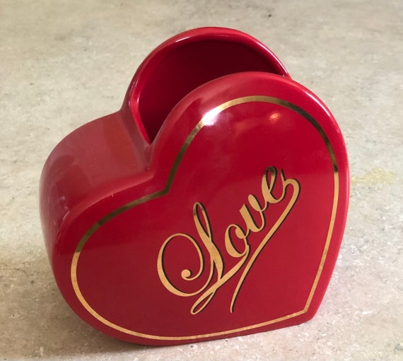 Vintage Heart Shape Ceramic Red Vase Golden Love In Golden Etsy 日本