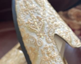 Handmade Men Wedding Shoes Brocade Party Shoes #9 Offwhite Gold