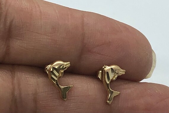 14 K Yellow Gold Dolphin Stud Earrings.  Diamond … - image 3