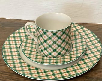 Vintage 1975,s Futs & Floyd Green Orange Tartan Rimmed Dinner Plate ,Tea Cup W/ Saucer