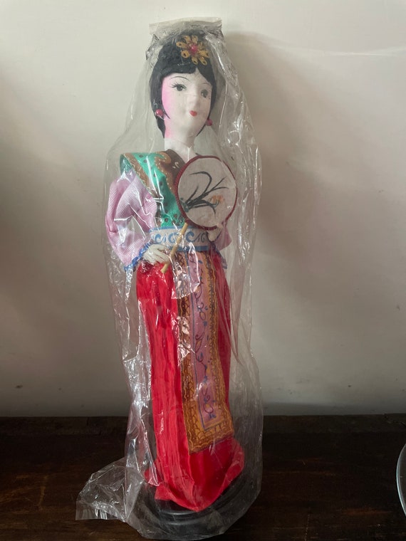 Vintage China Dolls in Traditional Fabric Dresses on Acrylic Base 1980 s. Etsy Canada