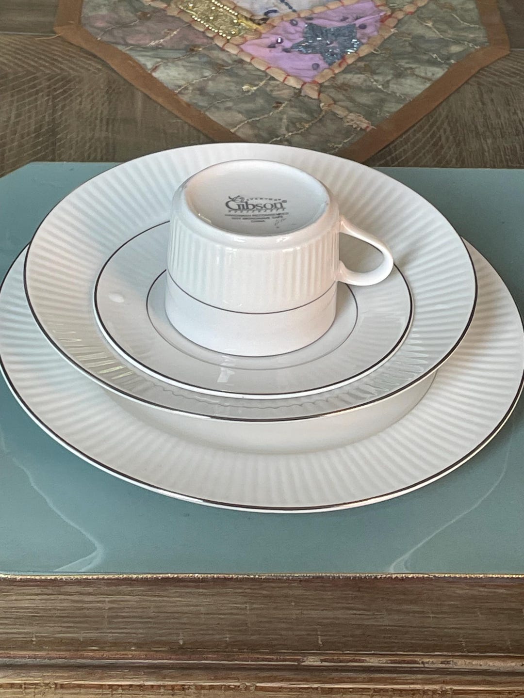 Gibson White Fluted Border Black Tie Trim Dinner Plate,bowl,cup&saucer ...