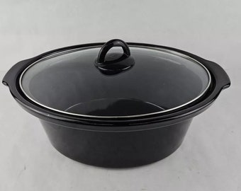 Pesante pentola ovale in gres da 2,5 QT a cottura lenta con coperchio in vetro, casseruola nera vintage