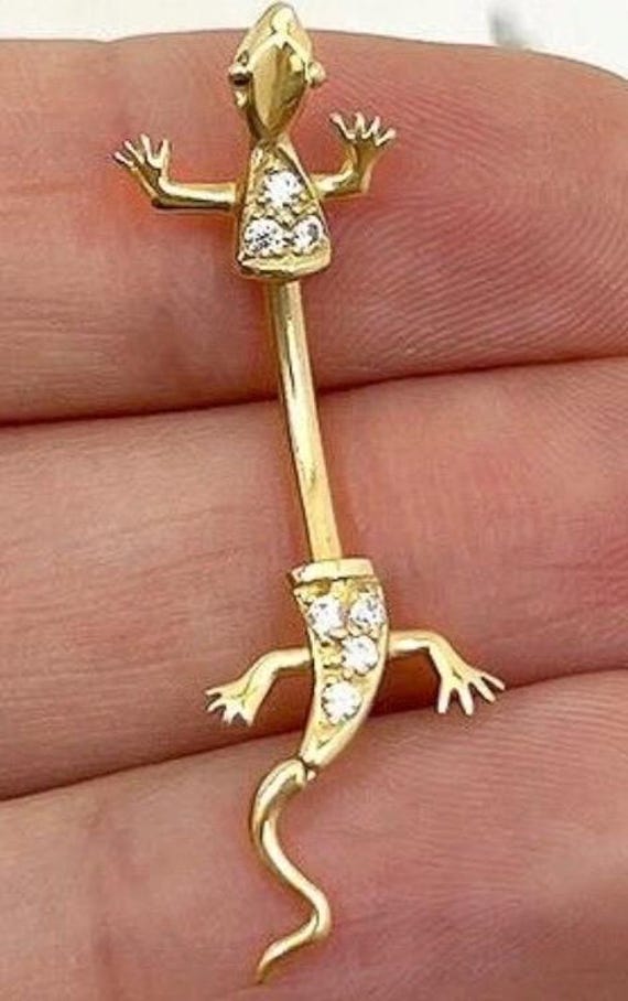 14K Solid Yellow Gold Lizard Belly Ring: Zirconia… - image 6