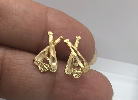 Real solid Yellow Gold baseball Stud post Earring… - image 1