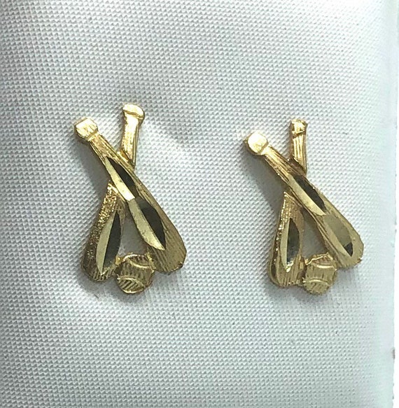 Real solid Yellow Gold baseball Stud post Earring… - image 2