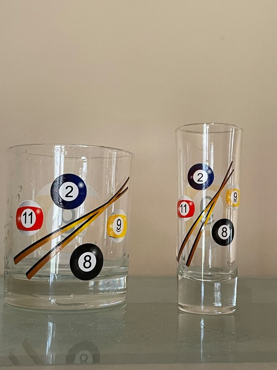 Vintage Set of 2 Rocks Whiskey Lowball Glasses W/ Pool Balls # 11 & QUE  ITALY - Etsy