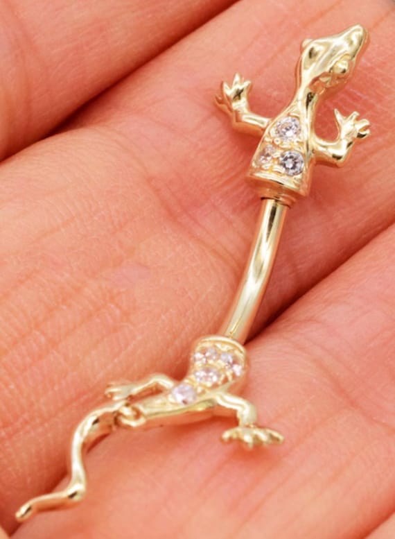 14K Solid Yellow Gold Lizard Belly Ring: Zirconia… - image 5