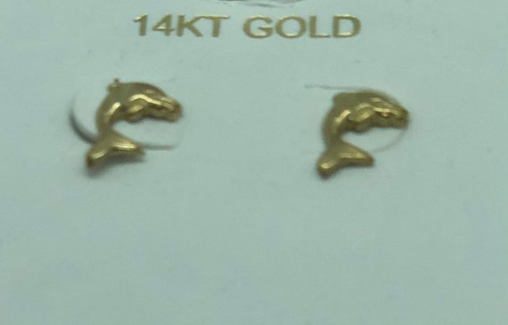 14 K Yellow Gold Dolphin Stud Earrings.  Diamond … - image 2