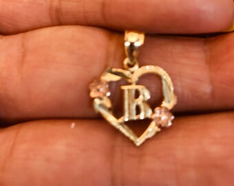 Yellow Solid Gold Floral Heart Initial letter Pendant with Rose Gold Accents