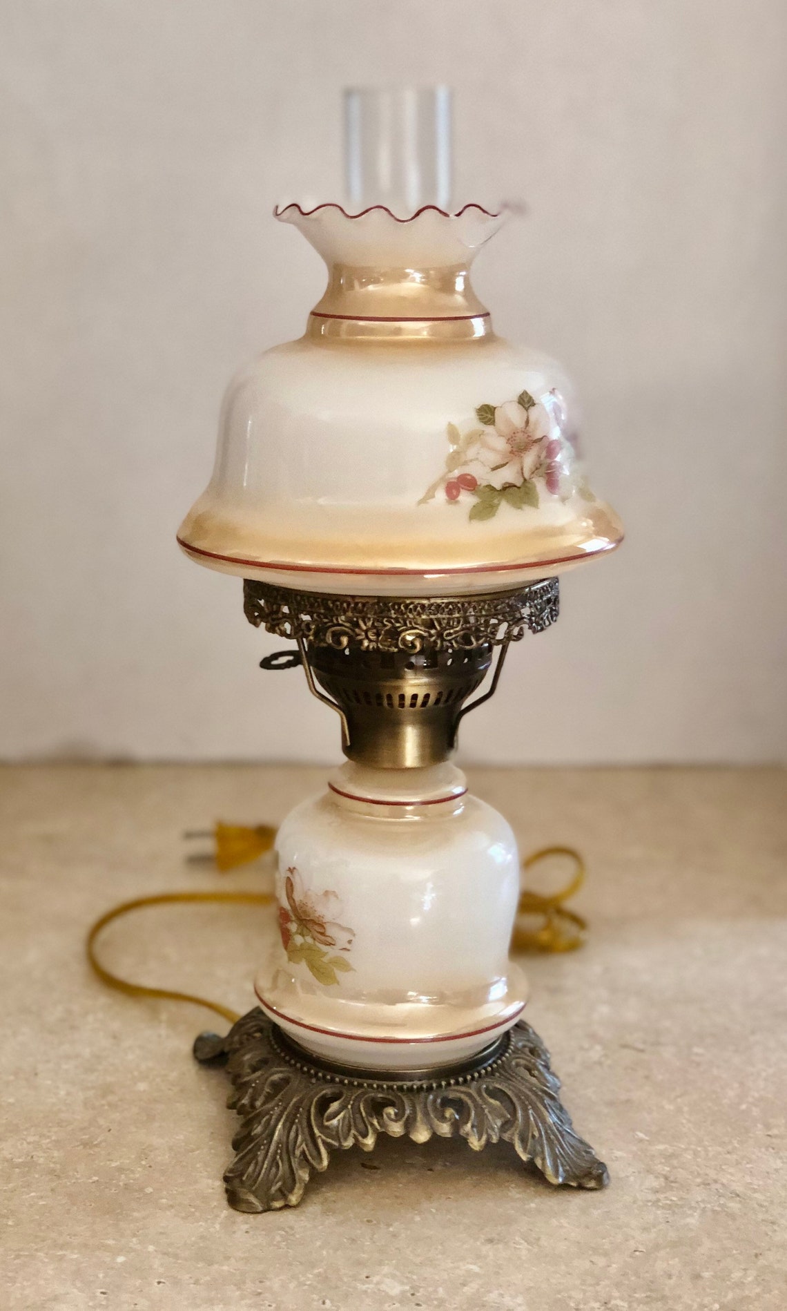 Vintage Hand Painted Hurricane Glass Lamp With Night Shade - Etsy