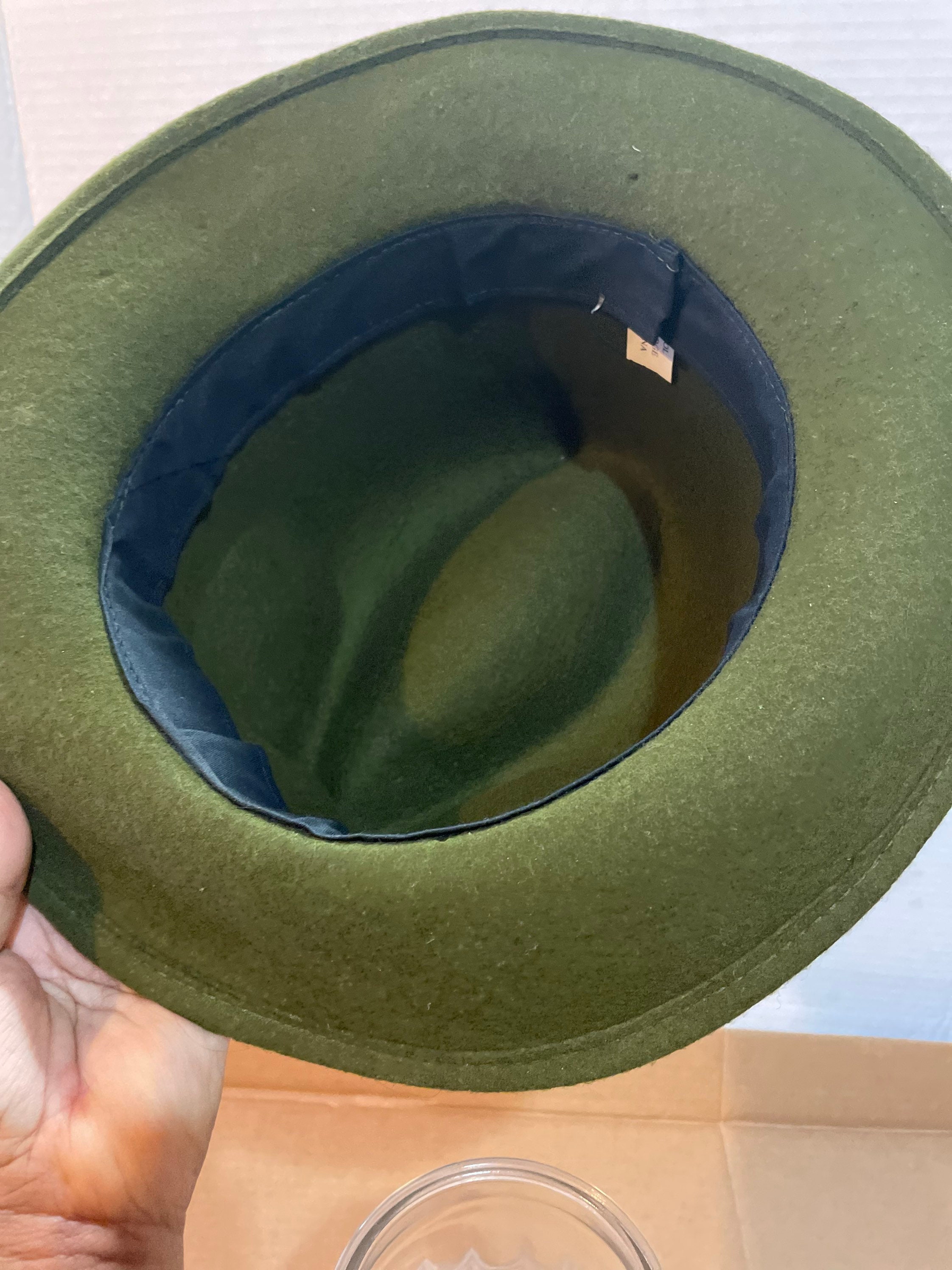Women and Men Fedora Wool Hat Olive Green Wide Brim Leather 