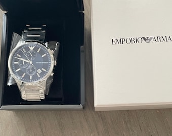 Emporio Armani Renato Men,s Chronograph Blue Dial Silver Bracelet Watch AR11164 NIB