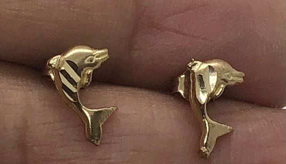 14 K Yellow Gold Dolphin Stud Earrings.  Diamond … - image 1