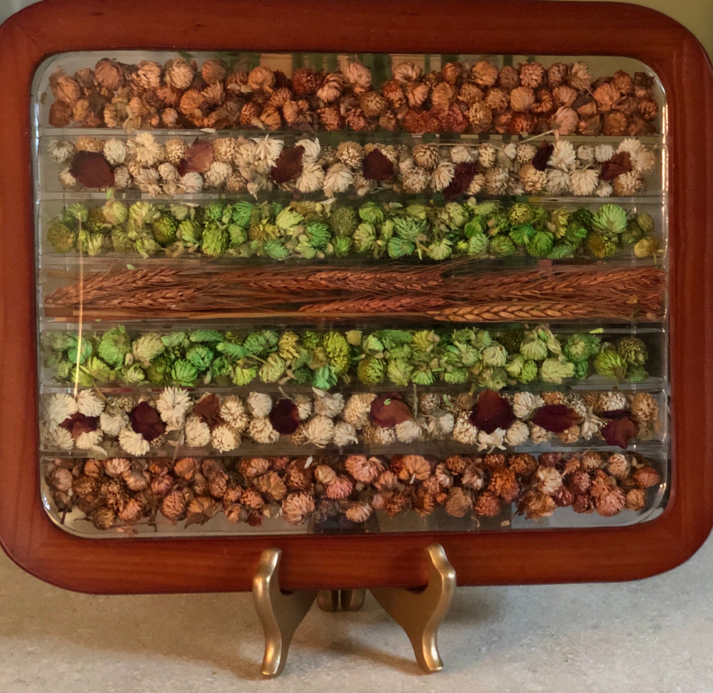 Antique Wood & Glass Serving Tray with Dried Flowers Center Kitchen