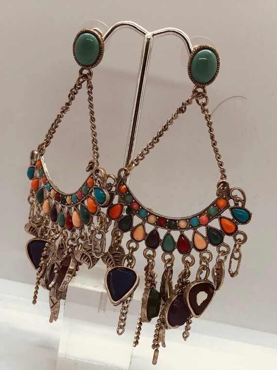 Long Silver Native American Multi colored Stone E… - image 2