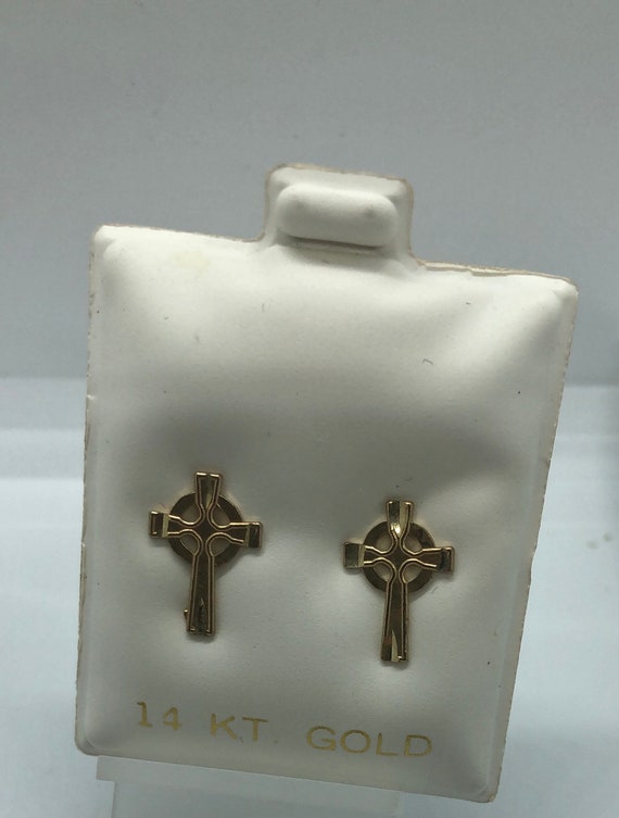 14K Solid Yellow Gold Earrings Celtic Cross Stud … - image 2