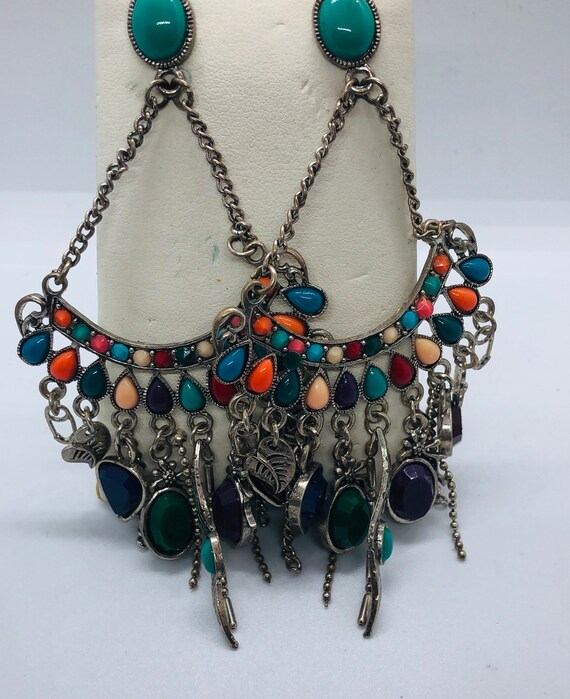 Long Silver Native American Multi colored Stone E… - image 4