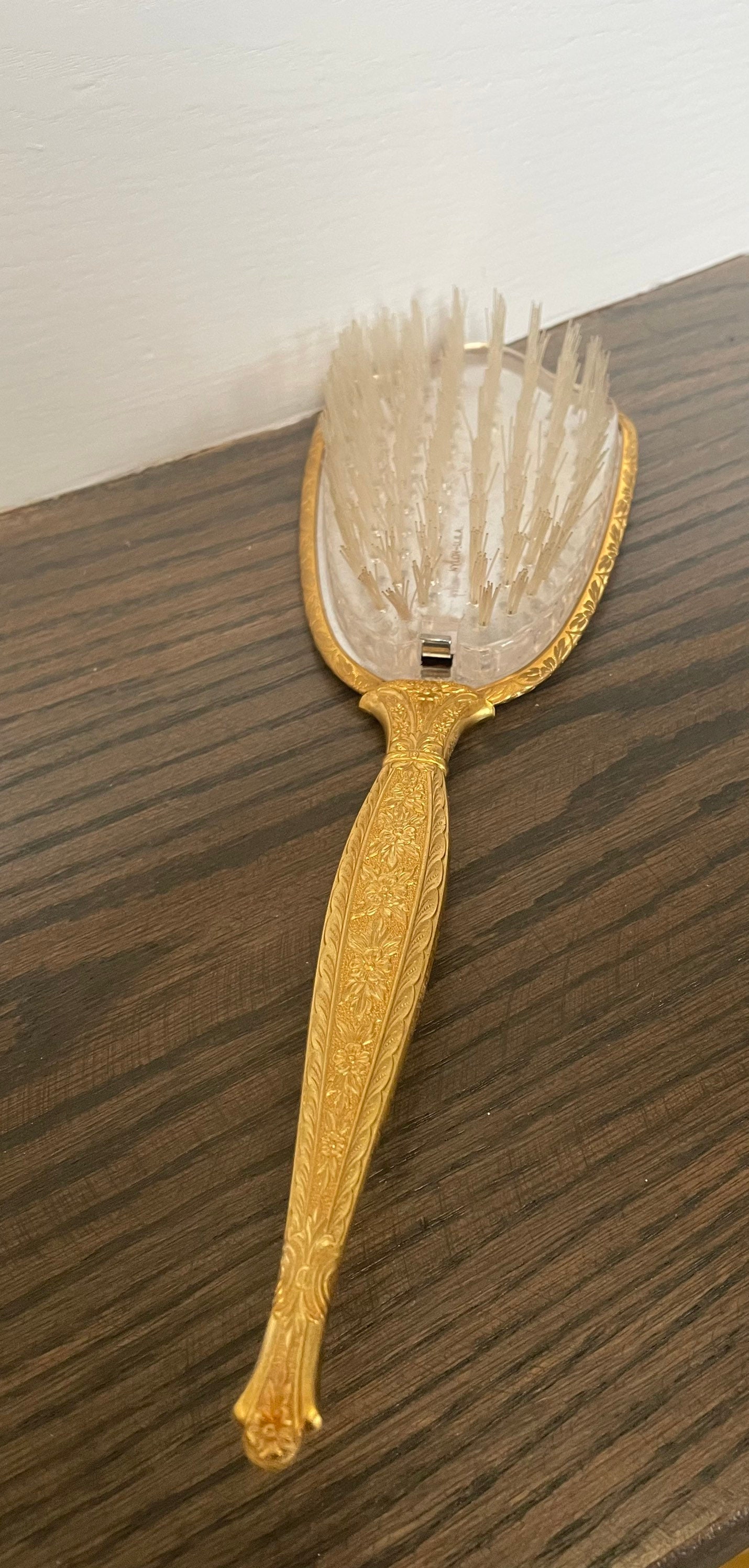 Antique Mirrored Hair Brush Gold Plated Filigree Decor 