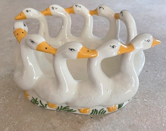 Vintage Ceramic Gaggle Of Geese Planter ,White Bird Geese Centerpiece ,
