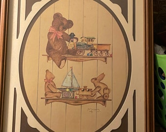 Vintage Country Teddybären Spielzeugbild Eichenholzrahmen Baby Kinder Dekor 22"x18 Signiert