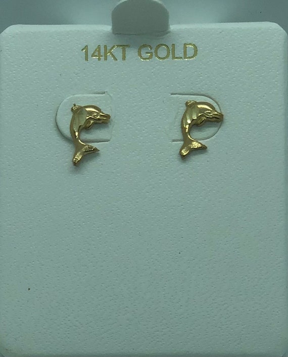 14 K Yellow Gold Dolphin Stud Earrings.  Diamond … - image 4
