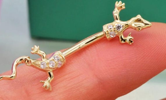 14K Solid Yellow Gold Lizard Belly Ring: Zirconia… - image 2