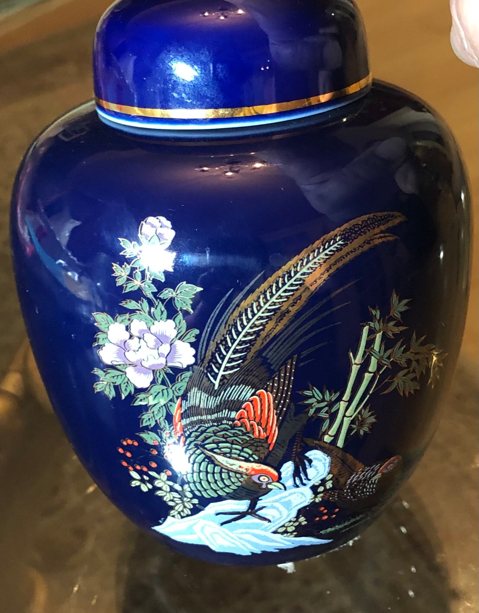 Japanese Vintage Ginger Jar W/ Lid Oriental Cobalt Blue Handpainted