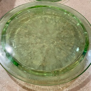 Vintage 193o,s Cameo Ballerina Depression Green Vaseline Glass Anchor Hocking footed Cake plate