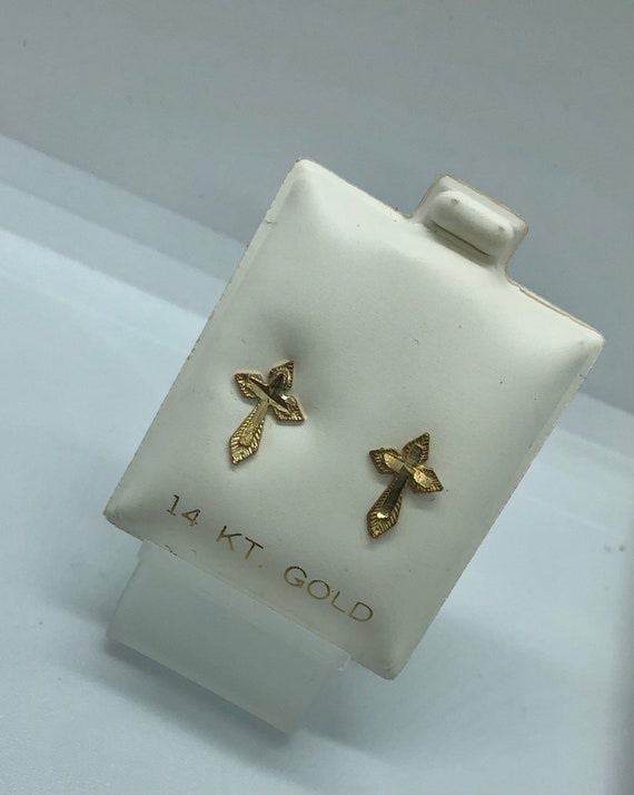 14K Solid Gold Earrings. Diamond cut Hold Cross S… - image 4