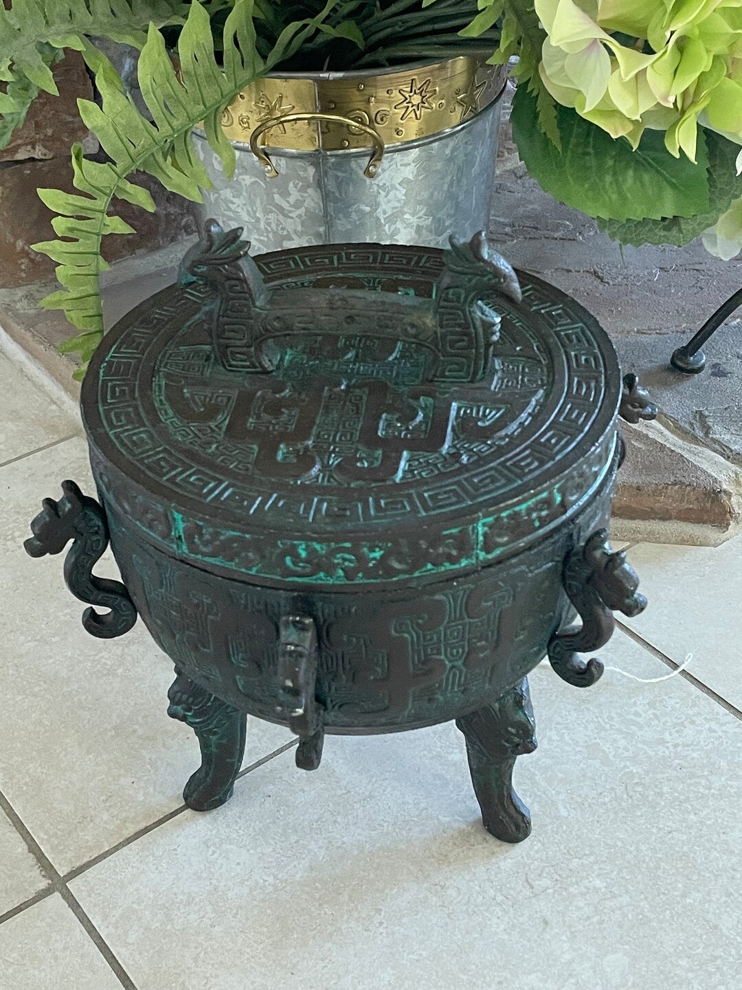 Vintage James Mont Style Dragon Ice Bucket: Verdi Gris Metal MCM