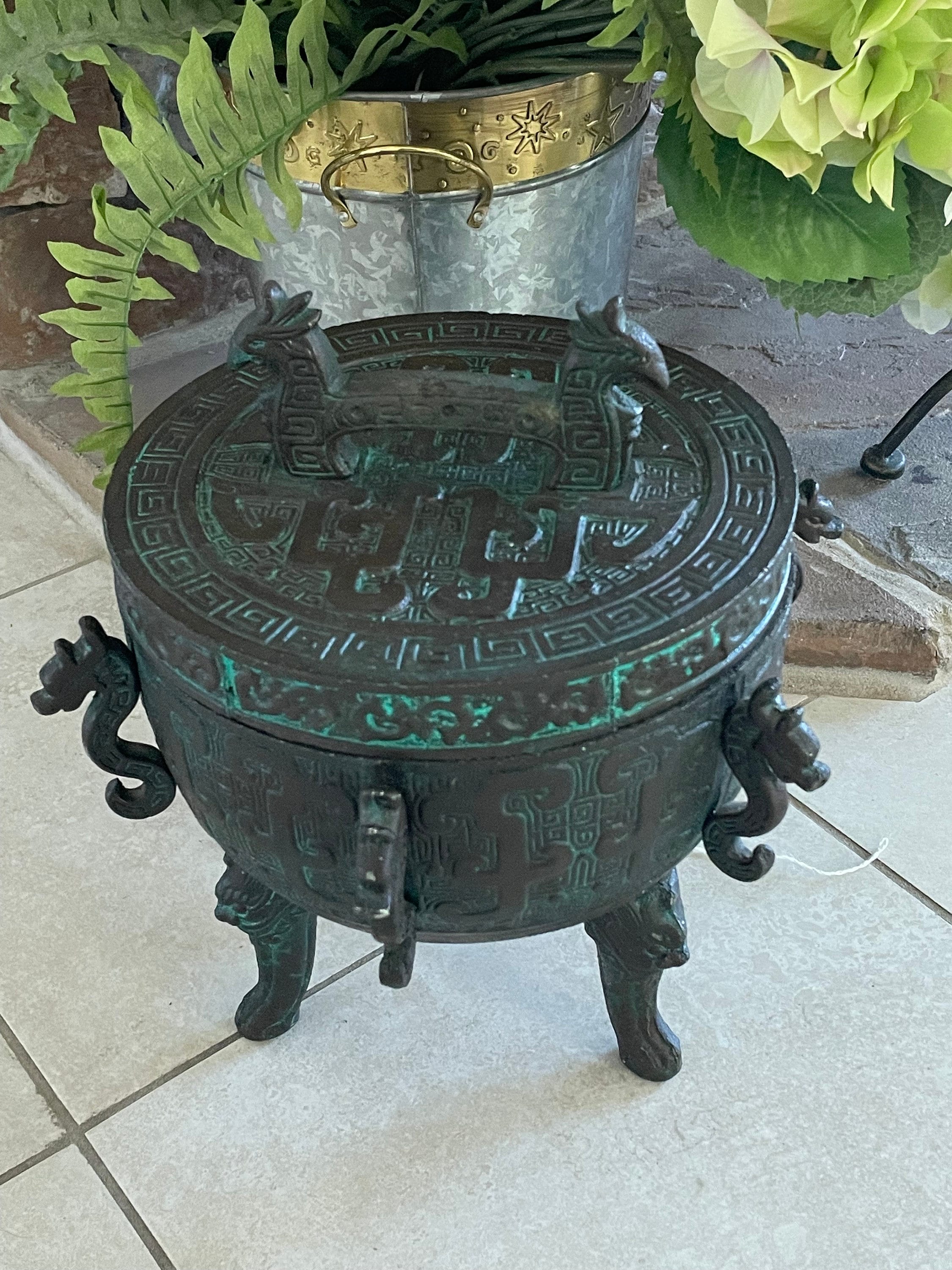Vintage James Mont Style Dragon Ice Bucket: Verdi Gris Metal MCM