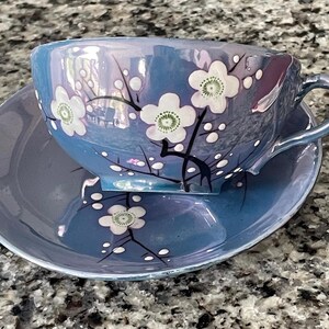 May include: A blue teacup and saucer set with a floral design. The cup and saucer are a light blue color with white flowers and black stems. The cup has a handle and the saucer is round.