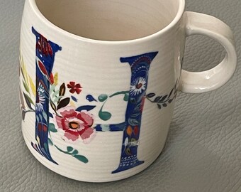 Anthropologie Starla M.Halfman Initial H Coffee Mug Flowers Blue White