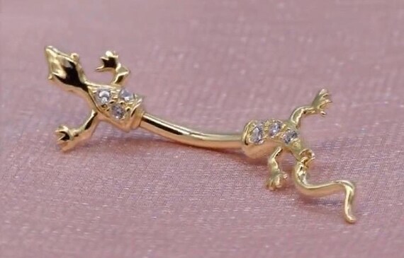 14K Solid Yellow Gold Lizard Belly Ring: Zirconia… - image 1