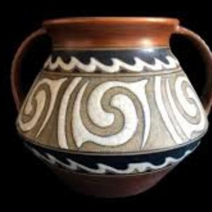 May include: A brown ceramic pitcher with two handles and a white and brown geometric design.