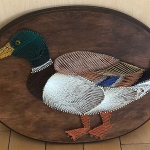 May include: Oval wooden wall art featuring a string art depiction of a duck. The duck has a green head, brown body, and white and brown wings. The artwork is mounted on a dark brown wooden base.