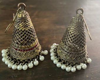 Oxidized Golden & pearl Jhumkas Hand made Dangle Earrings