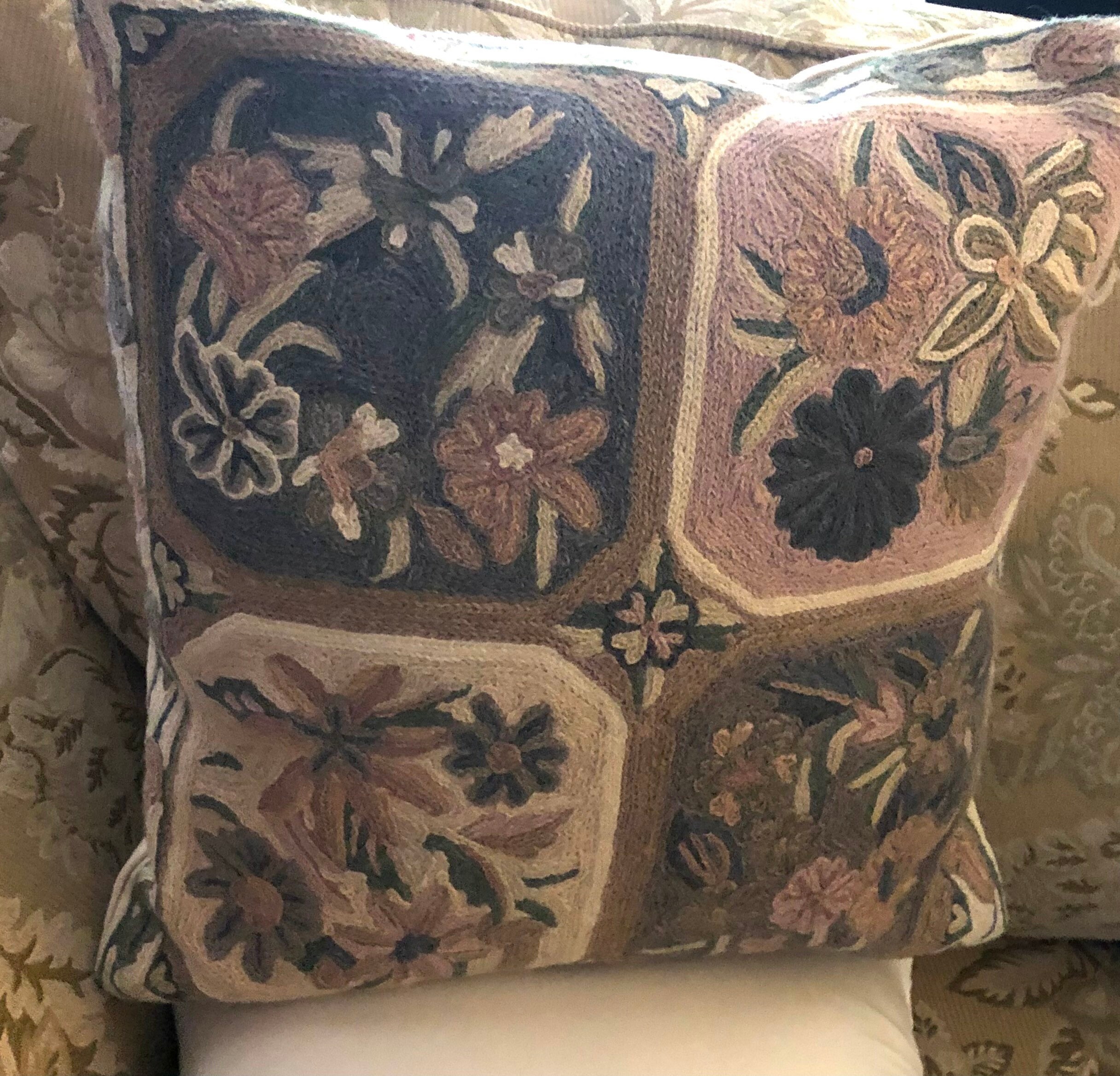 Vintage Square Pastel Crewel Cotton Embroidered Flower Darb Throw Pillow 16”